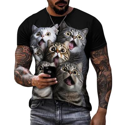Summer Round Neck 3D Colorful Funny Cat Animal Graphic Print Top Fashionable Casual Short Sleeved Men's T-shirts
