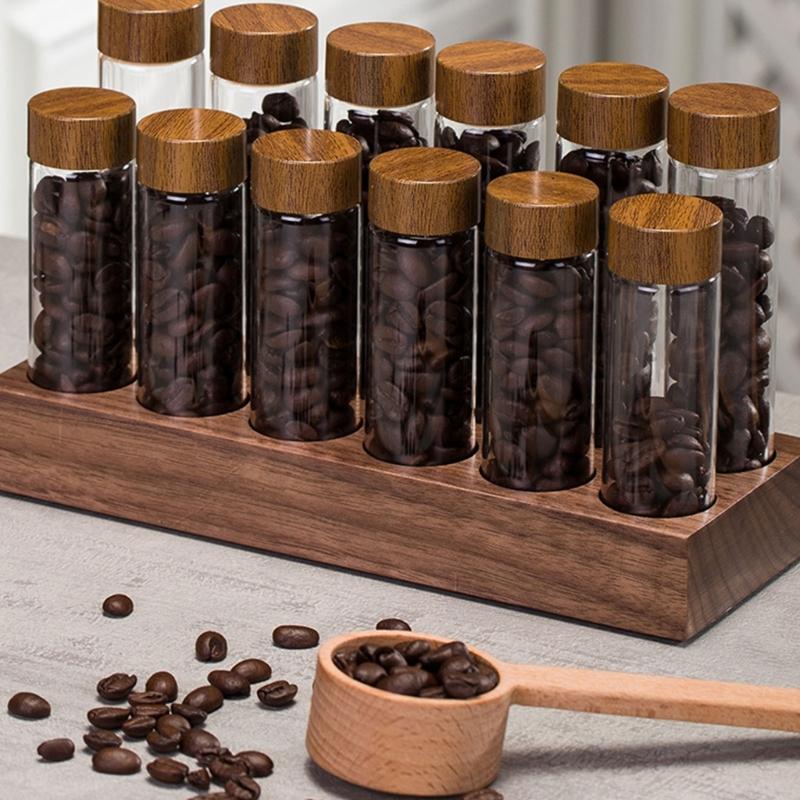 Elegant Wood Glass Coffee Bean Rack Stylish 12 Unit Coffee Bean Presentation Rack with Long and Short Glass Tube