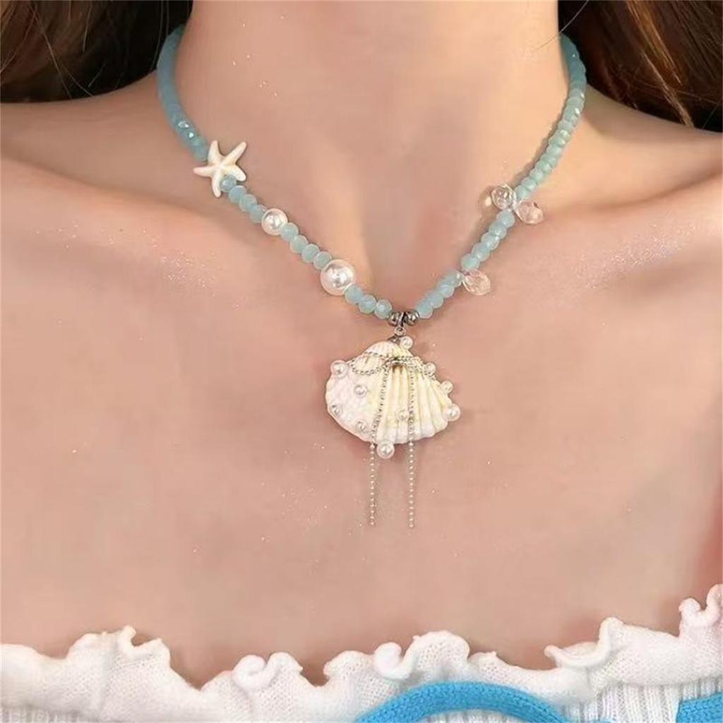 Trendy Shell Bow Pendant Necklaces for Women Starfish Imitation Pearl Starfish Necklaces Sweet Seaside Vacation Style Neck Jewel