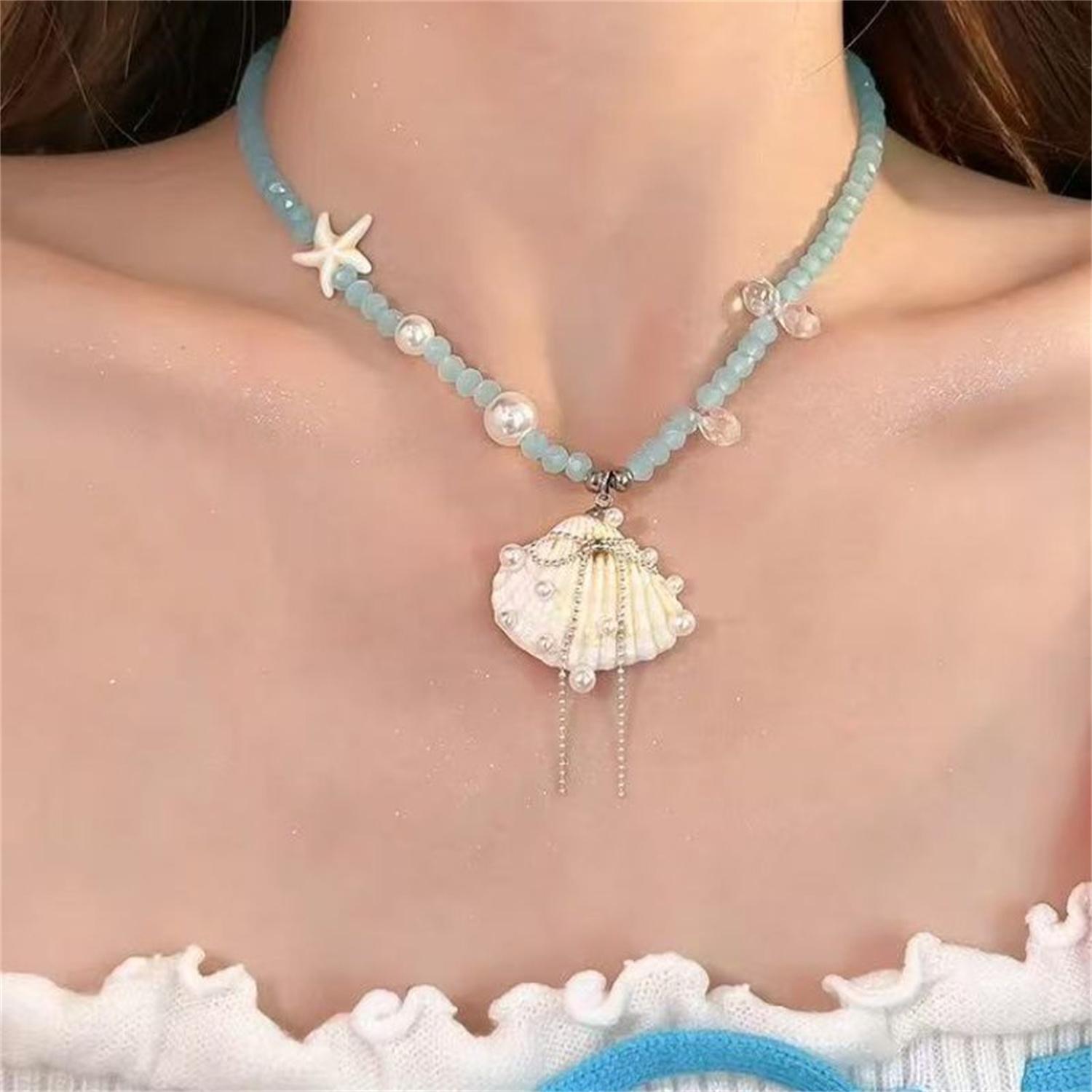 

Trendy Shell Bow Pendant Necklaces for Women Starfish Imitation Pearl Starfish Necklaces Sweet Seaside Vacation Style Neck Jewel