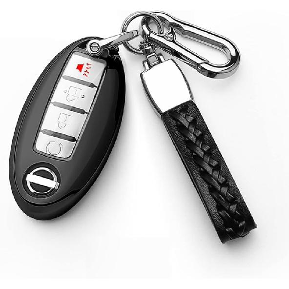 Autophone Compatible With Nissan Key Fob Cover With Leather Keychain Soft TPU Protection Key Case For Altima Maxima Rogue Armada Pathfinder Smart Key