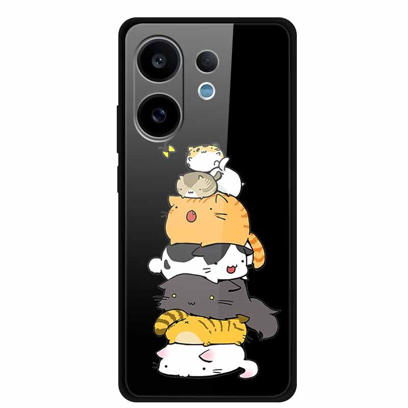 Tempered Glass Case For Vivo V60 2025 Phone Case 6.77" Cartoon Cats Hard Back Cover Soft Bumper For Vivo V60 5G Case V 60 Fundas