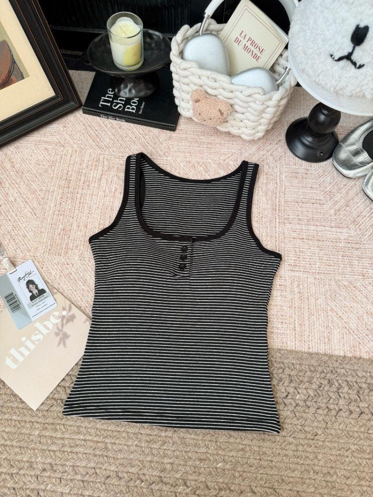 Korean Style Women's Square Neck Vest with Built-in Bra, Retro Stripe Camisole, Slim Fit Spicy Girl Top