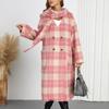 Women's Medium Long Plaid Woolen Double Breasted V-neck Scarf Jacket