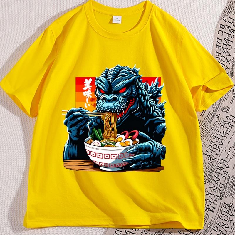 Funny Kaiju Eating Ramen Tshirt Japanese Monster Noodle Design T Shirt Anime Food Printed Tshirt Men Women Short Sleeve Tees
