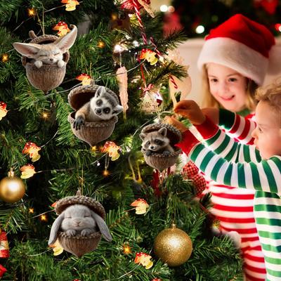 Orman Hayvanı Meşe Palamudu Süsleri 2D Akrilik Kozalak Hayvan Noel Ağacı Kolyesi Ev Dekorasyonu için Sıcak Orman Noel Süsü