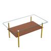 Modern Coffee Table with Glass Top and MDF Shelf, Gold-Colored Metal Frame, Rectangular Sofa Table in Luxury Design, Wood Look-H45/W98/D58 cm