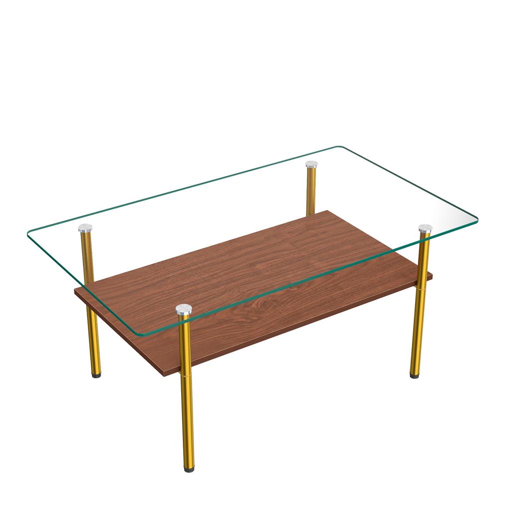 Modern Coffee Table with Glass Top and MDF Shelf, Gold-Colored Metal Frame, Rectangular Sofa Table in Luxury Design, Wood Look-H45/W98/D58 cm