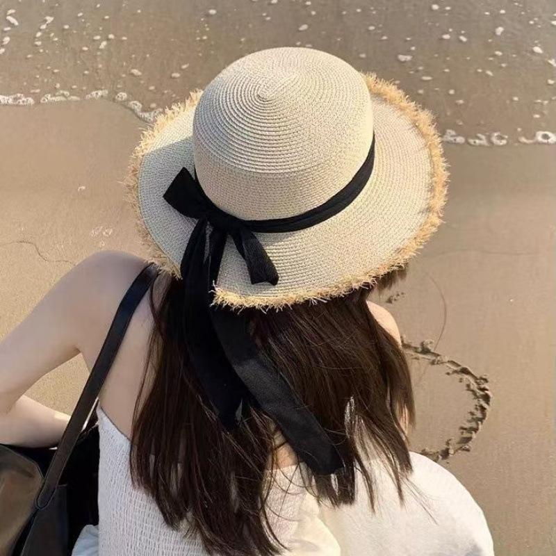 Hepburn wind flat top sunscreen straw hat women's summer big brim sunshade bucket hat seaside vacation beach sun hat