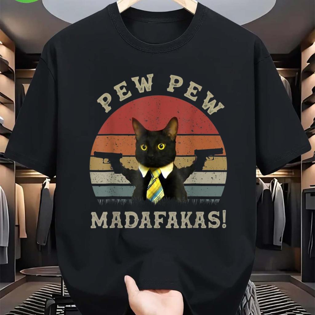Funny Black Cat Pew Pew Madafakas Gift Unisex TShirt Comfort Fit Short Sleeve Casual Summer Tee For Unisex Ideal Gift For Unisex