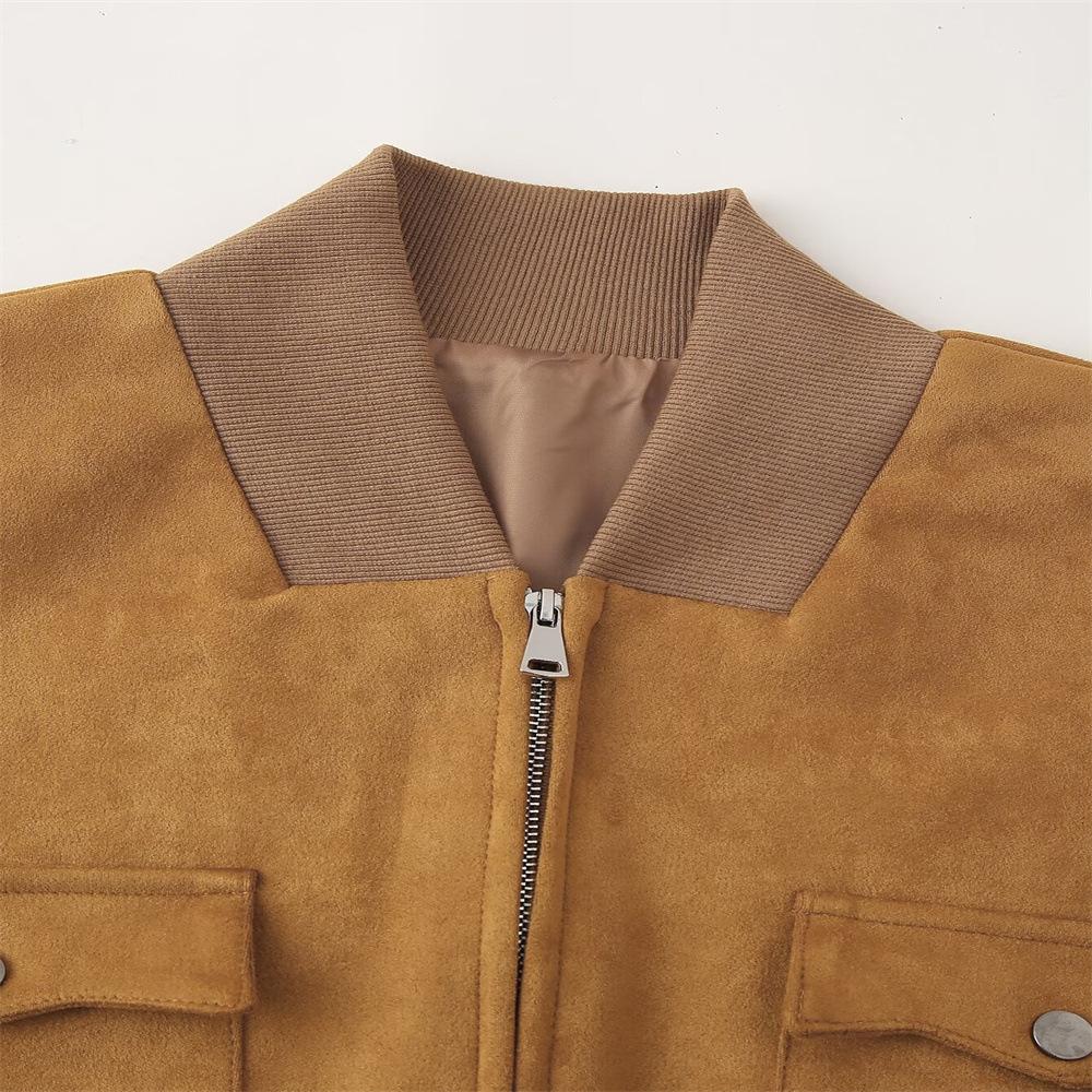 2 Cross-border women's wholesale stand-up collar pocket trim suede retro style jacket jacket