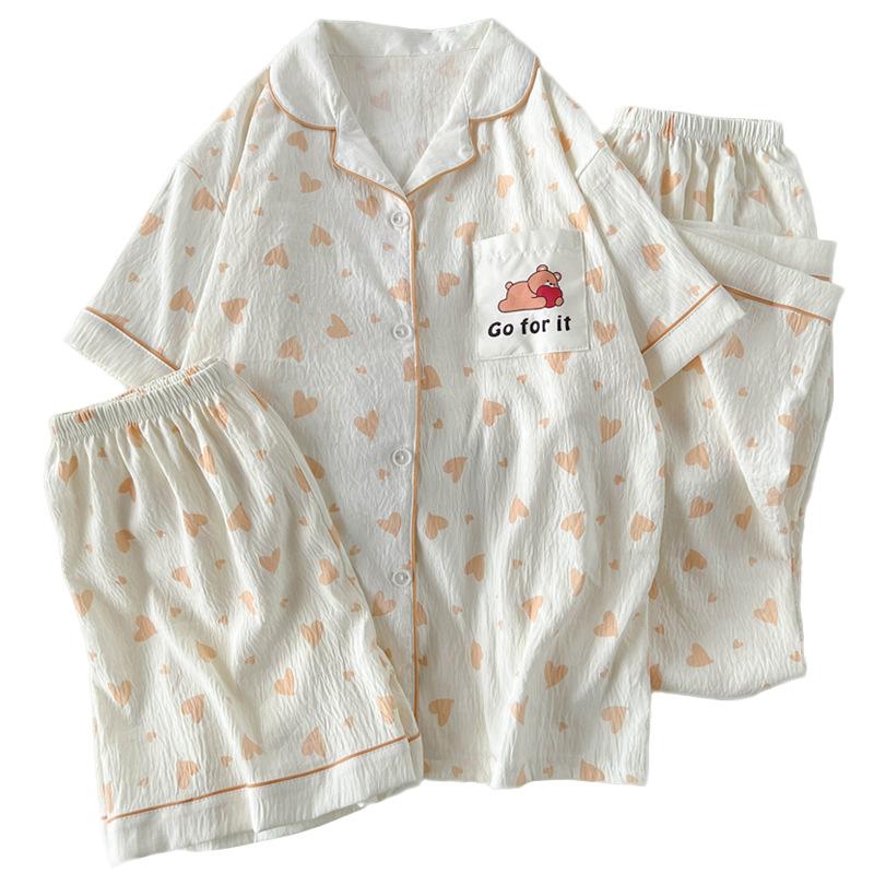 Simple Love Cartoon Cloud Cotton Pajamas Women'S Summer Loungewear Short-Sleeved Three-Piece Set