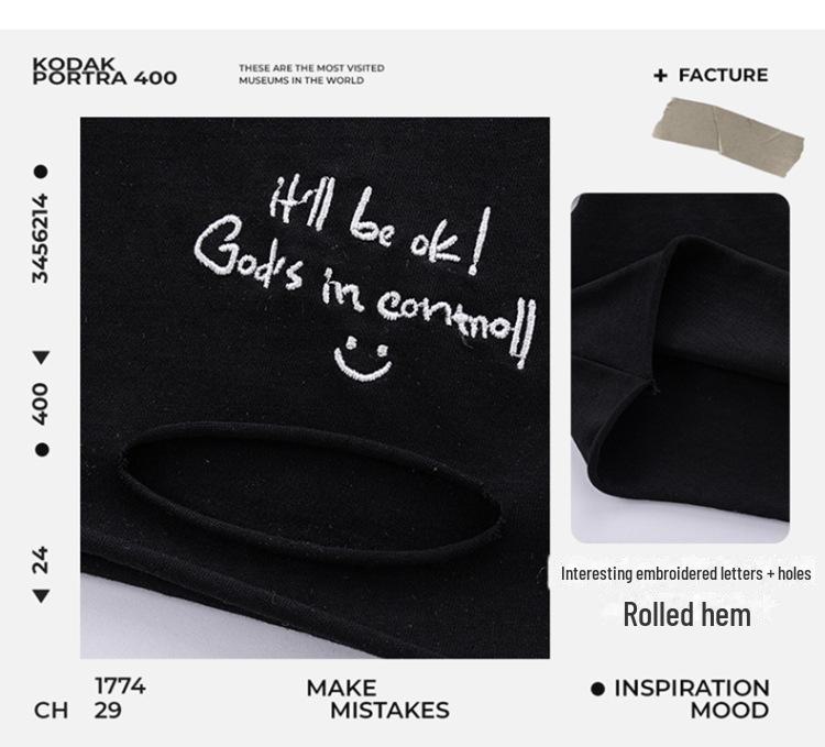 2025 Koreanische Frühjahrskollektion: Jungen Besticktes Lockeres Langarm-T-Shirt mit Ausschnitten