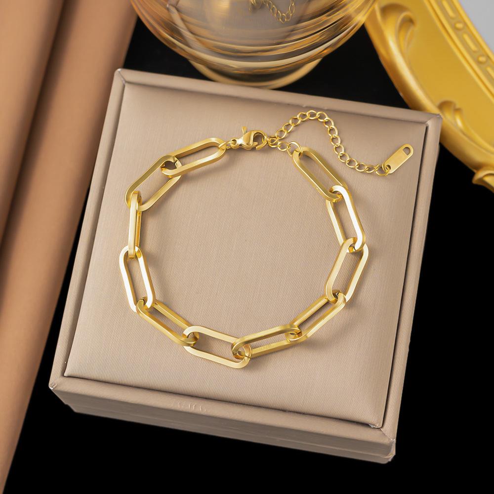 18K Gold Plated 316L Fashionable Titanium Steel Bracelets Waterproof Heart Roman Numerals Queen's Chain Link Bangles