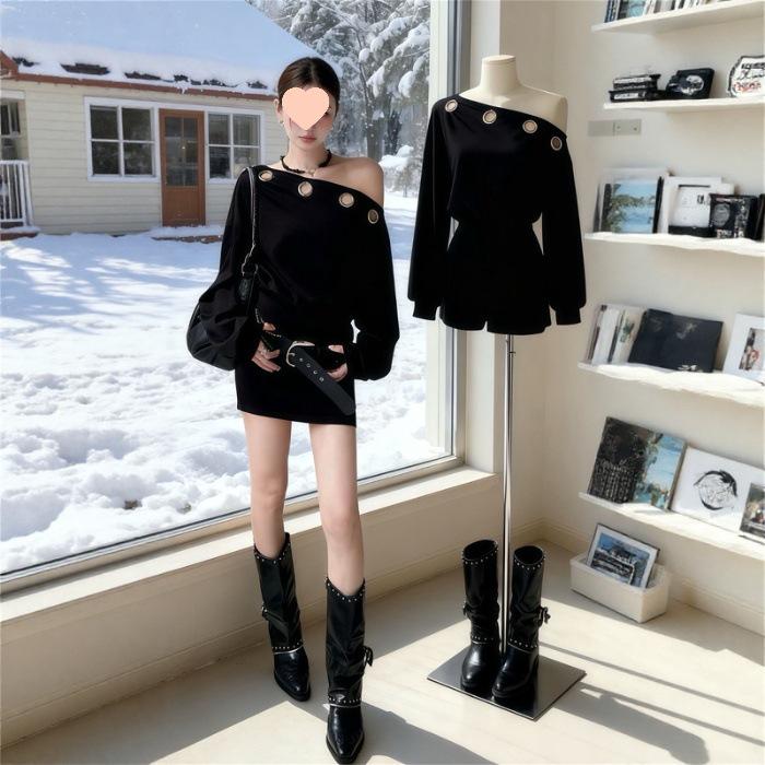 American Spicy Girl One-Shoulder Black Slim-Fit Bodycon Dress - Fall/Winter Women s Sexy Long Sleeve Design S