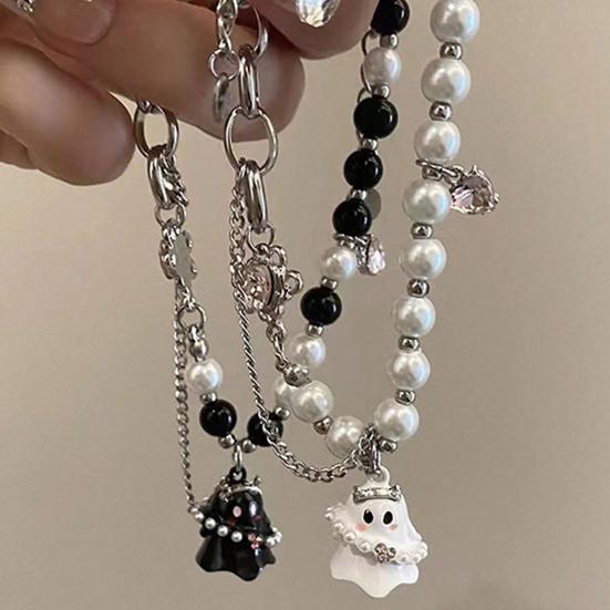 Women Bracelet Cartoon Ghost Pendant Imitation Pearls Color Matching Adjustable with Extended Chain Halloween Gift Wrist Jewelry