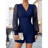 Women's Solid Color V Neck High Waist Long Sleeve Glitter Mesh Patchwork Straight Short Romper Jumpsuit