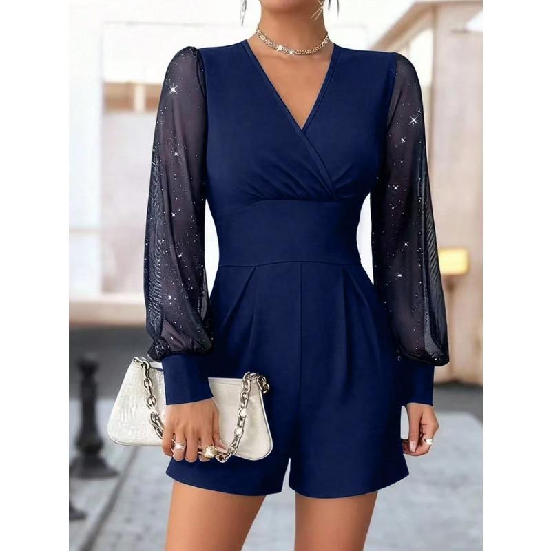 Women's Solid Color V Neck High Waist Long Sleeve Glitter Mesh Patchwork Straight Short Romper Jumpsuit
