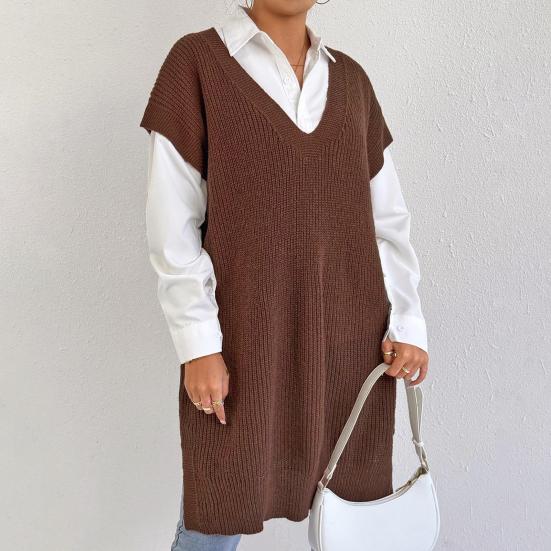 Women Sweater Vest V-Neck Sleeveless Solid Color Knitting Vest Loose Fit Side Split Design Casual Sweater Vest