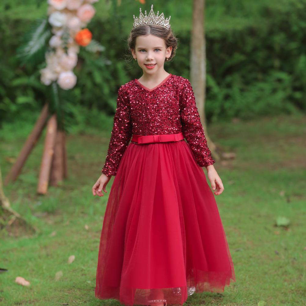 Red Sequined Long Evening Dress with Bowknot & Mesh Sleeves - Wedding & Princess Style.