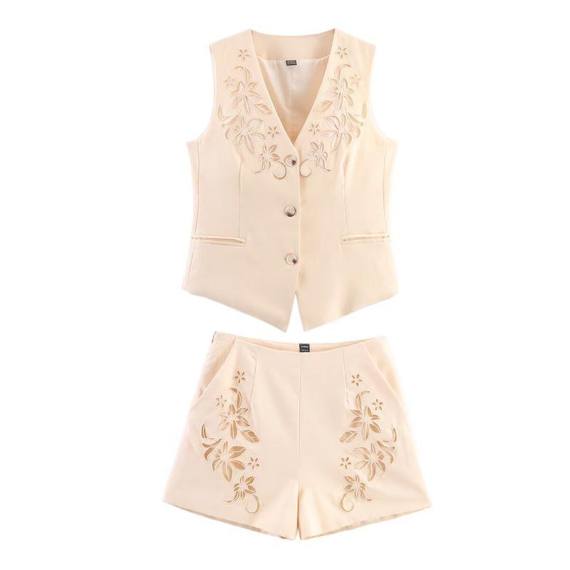 Kaslead New Women Clothes Western Style Hollow Embroidery Style Vest Top Casual Shorts Set