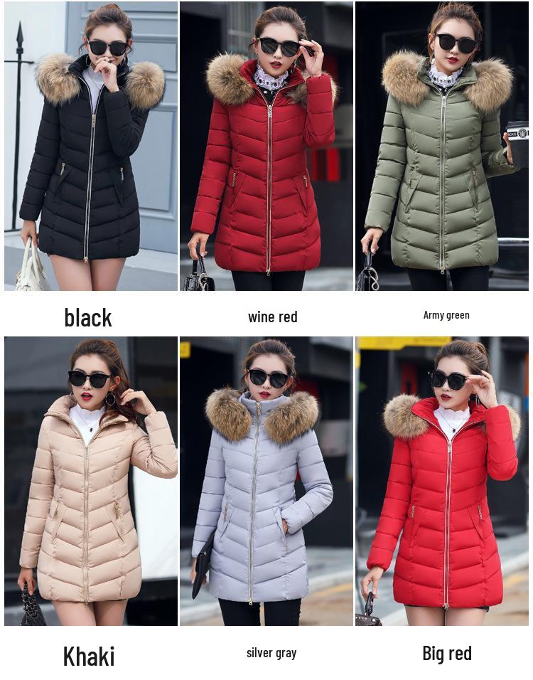 European Winter Mid-Length Women's Coat with Large Fur Collar and Hood for Cold Protection