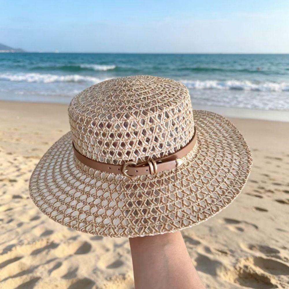 Woven Straw Hat Hollow Out Flat Brim Hat French Retro Style Flat Top Hat  Coastal Trip