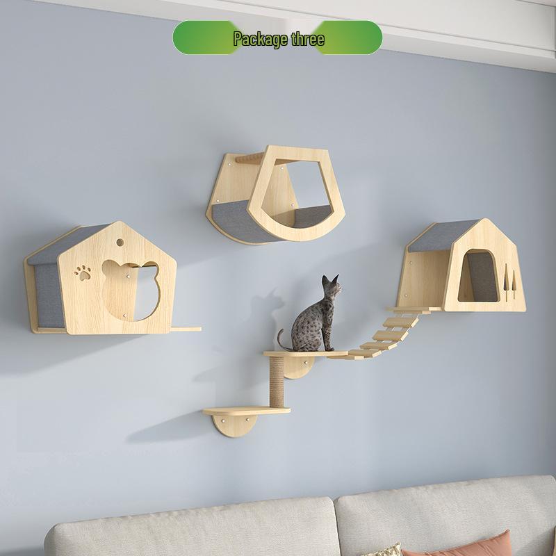 Wall-Mounted Solid Wood Cat Tree with Scratching Board and Jumping Platform