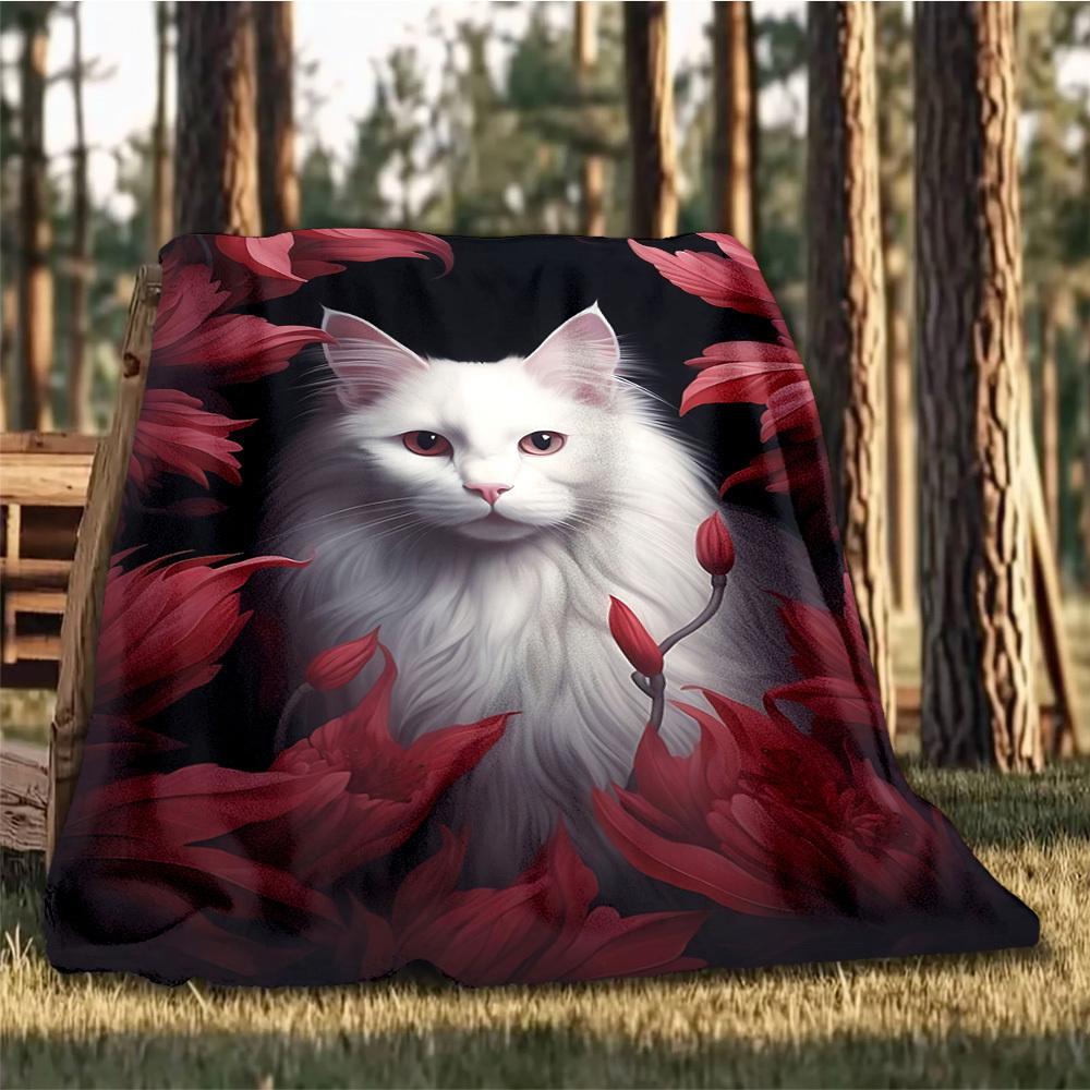 

1pc Cat Flowers Outdoor Blanket - Soft Flannel Cozy for Travel & Camping - All-Season Warm Bed Cover, Machine Washable yy251229066 75x90cm