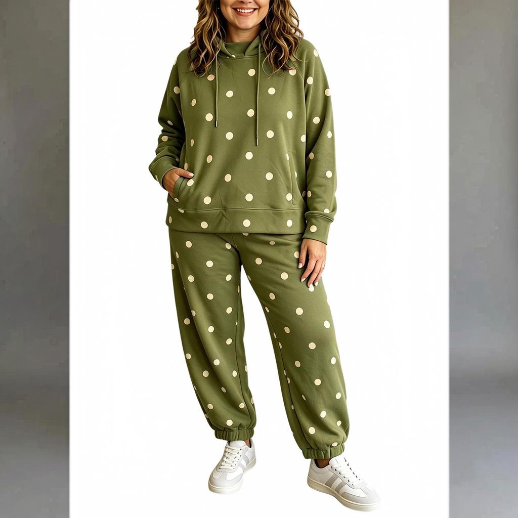 Women's Polka Dot Two Piece Set Hooded Sweatshirt and Jogger Pants Casual Wear