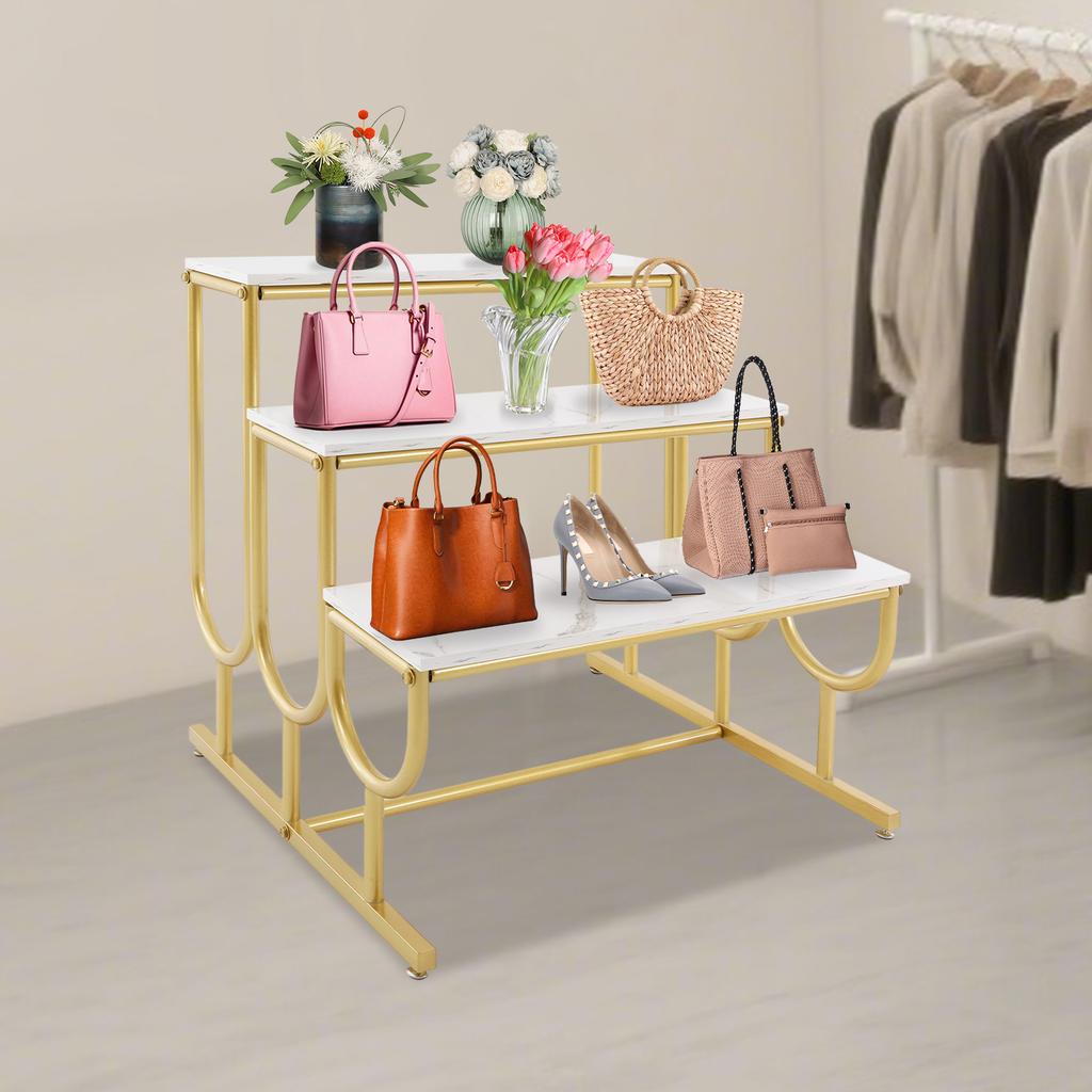 Stylish 3-Tier Shelf with Gold Finish, Large Display Space 31.5x28.3x31.5 In, Supports up to 110 lbs for Storage & Organization
