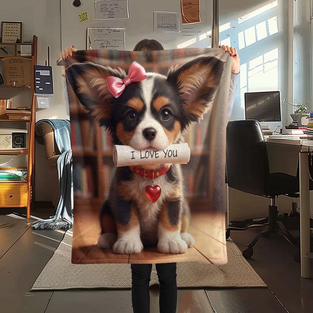 1Pc Iloveyoudog Print Flannel Blanket, High Quality Comfortable for All Seasons, Home Decor, Warmth and Comfort, Perfect for Christmas Gifts