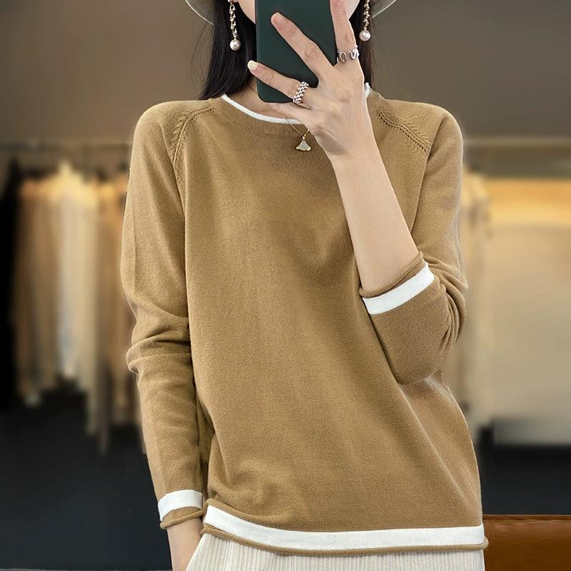 Knitwear Women's Round Neck Sweater Spring Loose Color Matching Cotton and Linen Bottoming Shir
