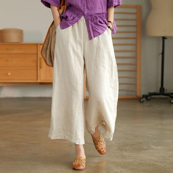 Women Summer Spring Pants Wide Leg Oversized Straight Solid Color Elastic Waist Match Top Pockets Deep Crotch Lady Ninth Pants Lady Garment