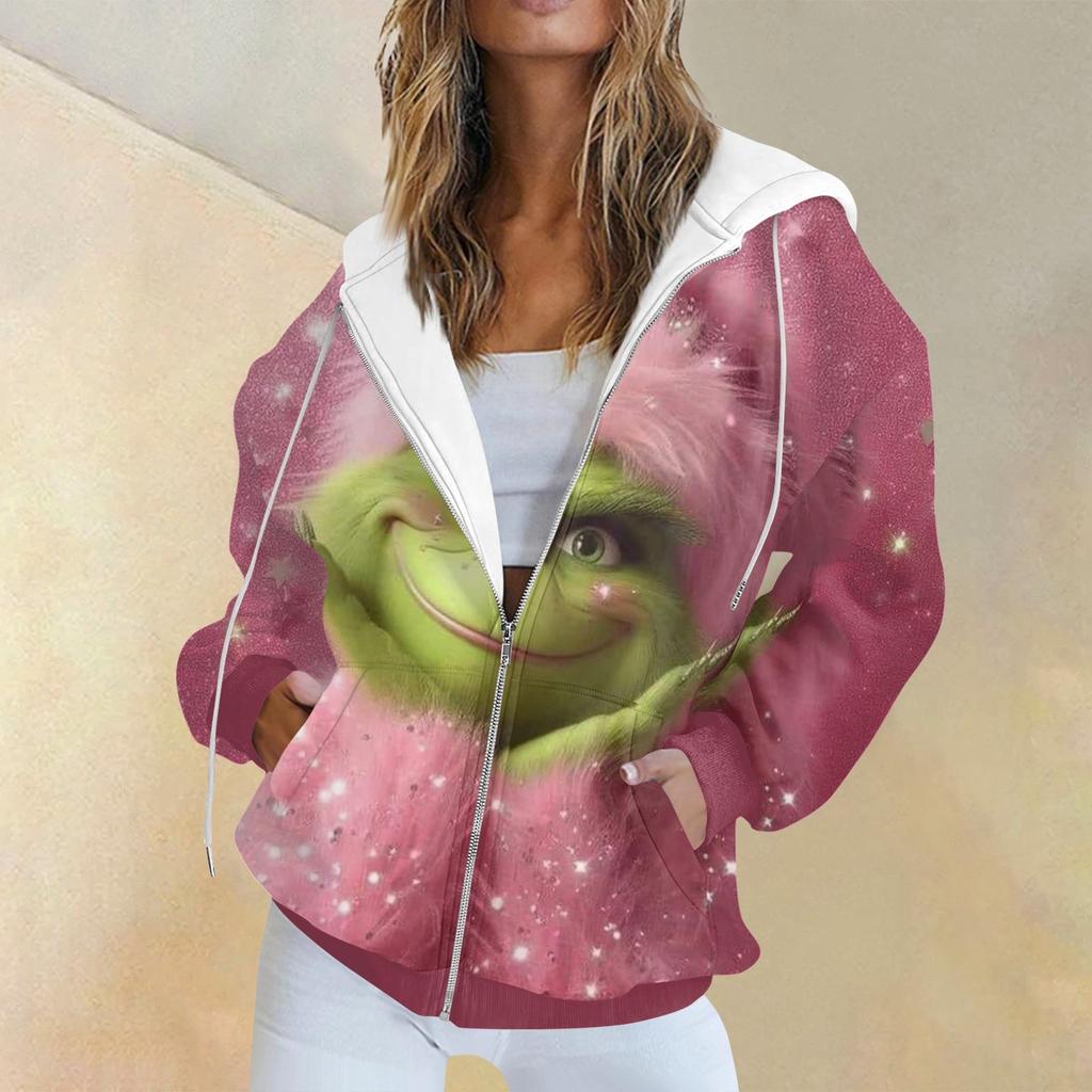 Women's Fashion Casual Christmas Print Long Sleeve Sweatshirt Pocket Jacket Zipper Hoodie Coat