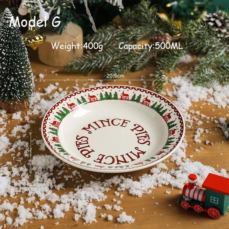 Ceramic Christmas Tableware Set with Handle, Soup Plate, Dinner Utensil, French Letter Cup, Steak Tray, Salad Bowl, Household
