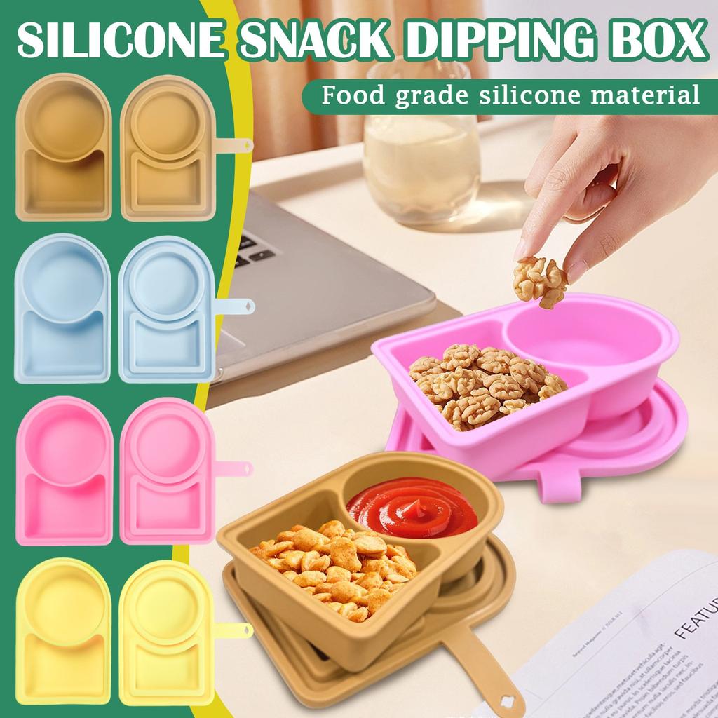 Silicone Reusable Snack Box With Lid, Double Compartment Snack Box, Dressing Condiment Box