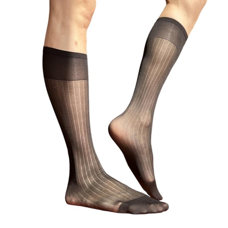 Mens Nylon Sheer Suit Socks Business Dress Socks Elastic Wide Striped See Through Formal Dress Over the Calf Stockings