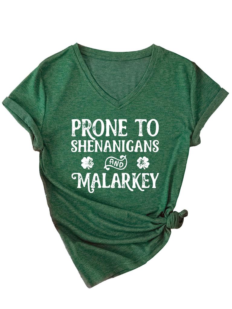 Fashionable and Versatile Prone To Shenanigans Printed Top V-neck Short Sleeved Women's T-shirts
