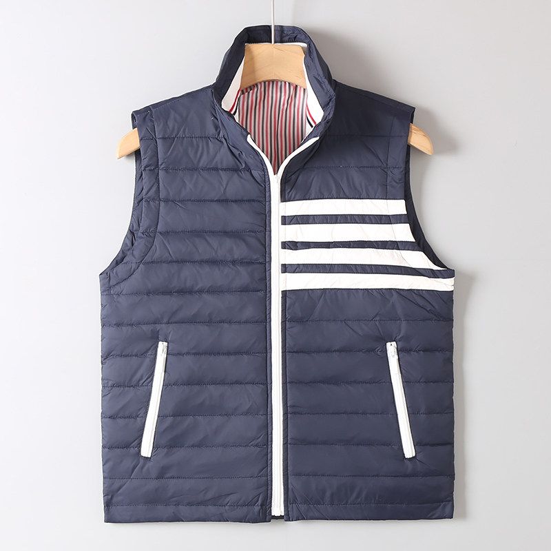 New Style Four-Stripe Stand Collar Lightweight Duck down Unisex Couple s Matching Autumn and Winter Windproof Warm down Vest Jacket Trendy Navy blue 2 Yards=L