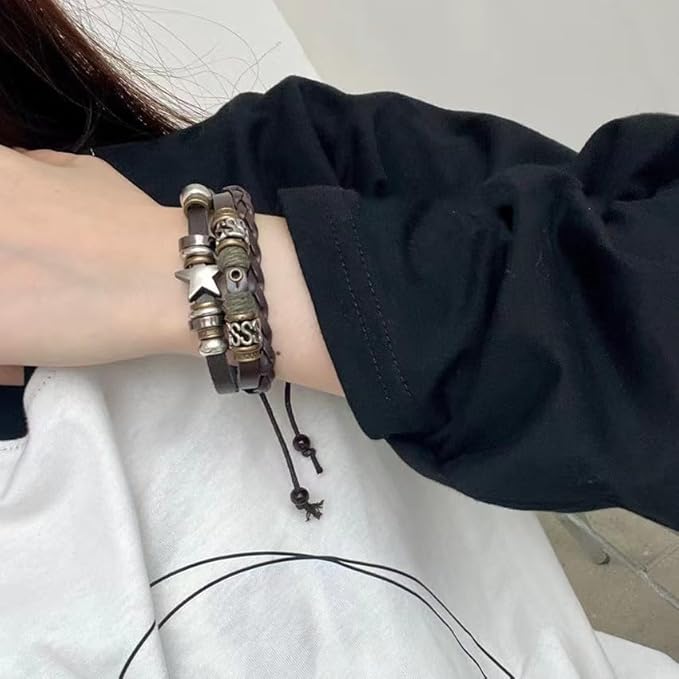Vintage Bohemian Hippie Elf Rock Leather Wrap Wrist Wide Bracelet Dark Coffee