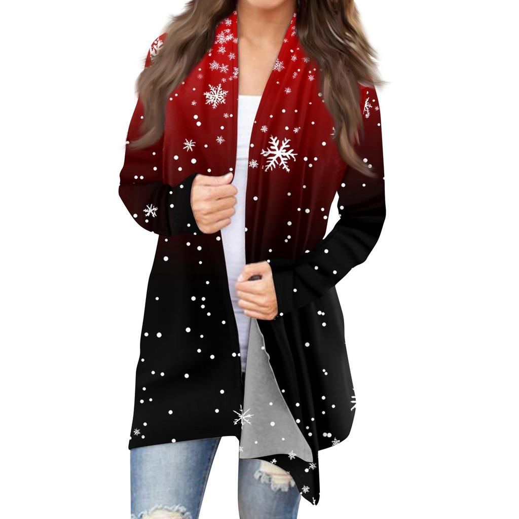 Damenmode Weihnachtsdruck Jacke Langarm Casual Cardigan Mantel