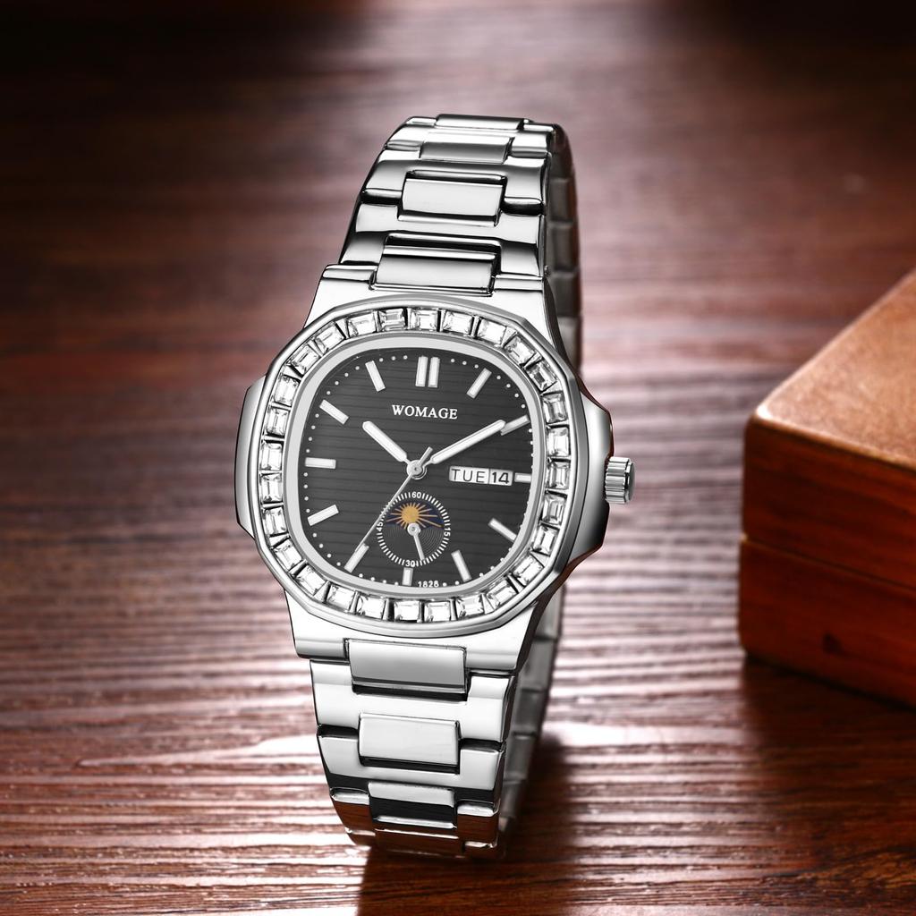 Diamond Watch Stainless Steel Luminous Analog Calendar Quartz Watch Waterproof Fashion Accessories Gold Birthday Anniversary Christmas Day Present