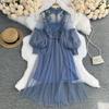 Three-Dimensional Floral Mesh Two-Piece Dress with Stand-Up Collar and Lantern Sleeves