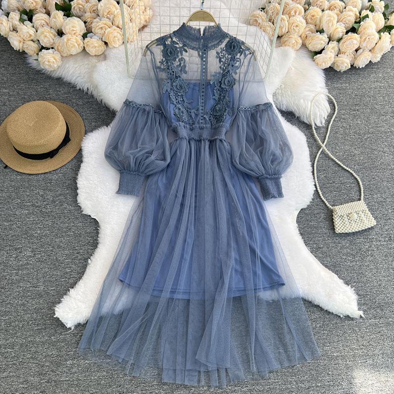 Three-Dimensional Floral Mesh Two-Piece Dress with Stand-Up Collar and Lantern Sleeves
