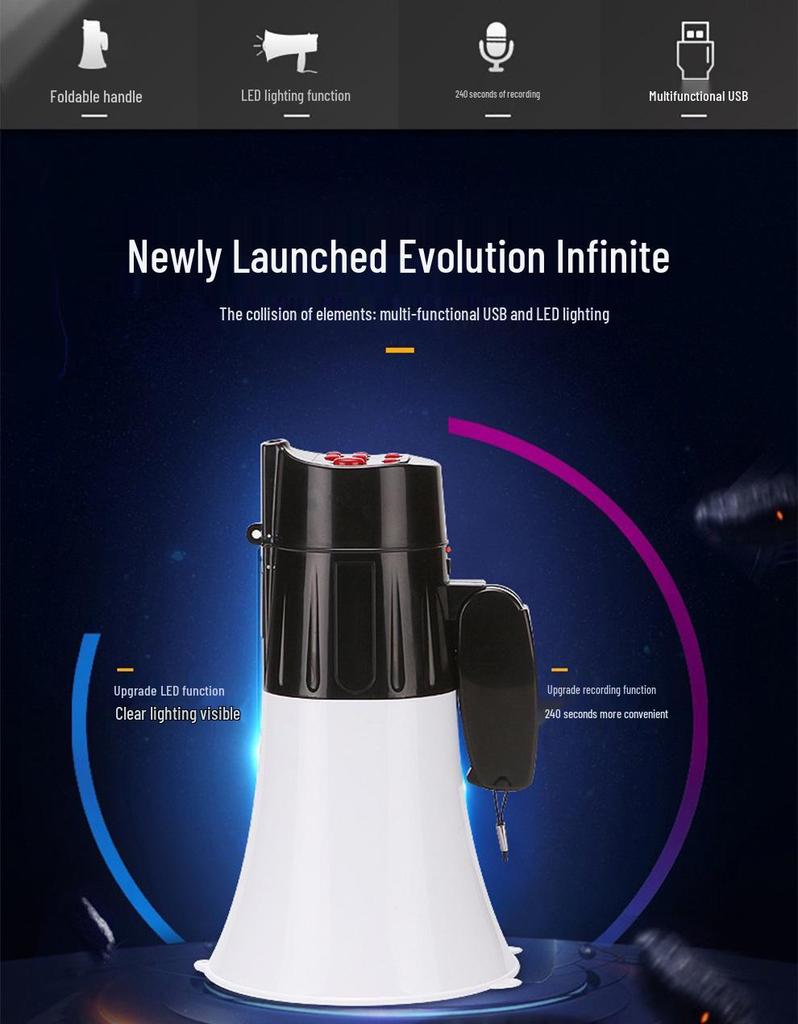 Thunder King CR-66 Bluetooth Megaphone with LED Lights, USB Card Slot, and Recording Feature.