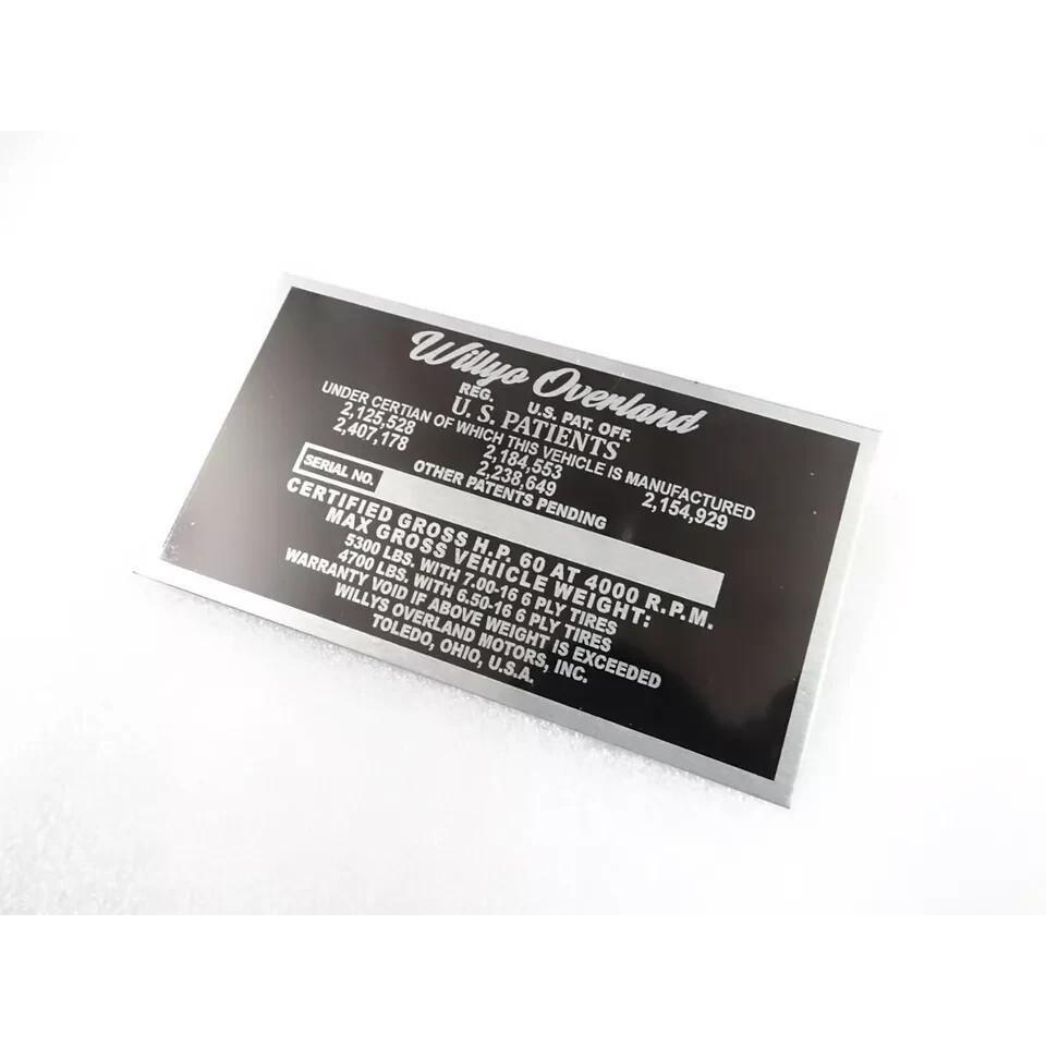 DATA PLATE FOR VINTAGE WILLYS OVERLAND TRUCK 1948-53 |Fit For