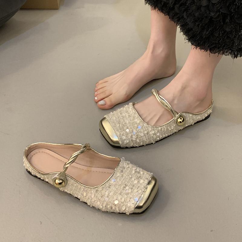 Fashion Female Shoes Slippers Flat Mules For Women 2025 Shallow Slides Cover Toe New Mary Janes Bling Mules For Women 2025 Female Shoes