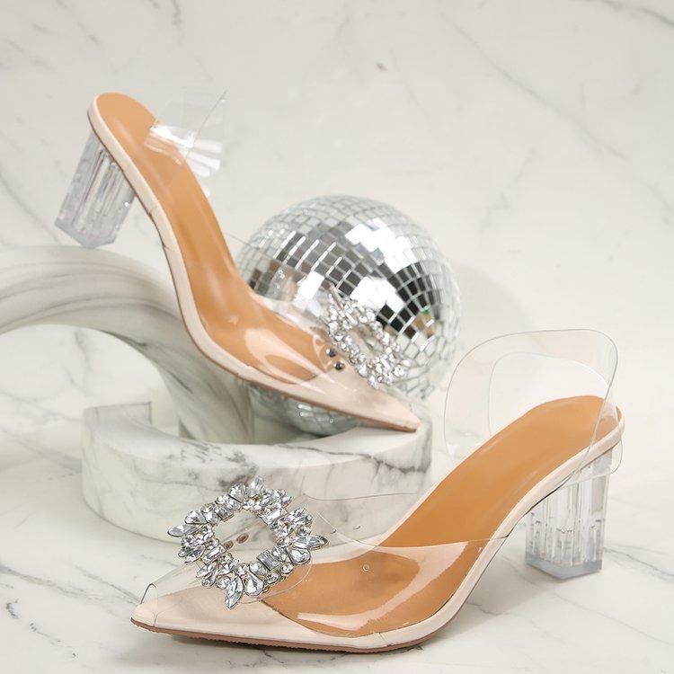 Fashion Baotou Sandals Autumn New Pointed Toe Shallow Mouth Clear Strap Rhinestone Square Buckle Slip Foot Crystal Heels