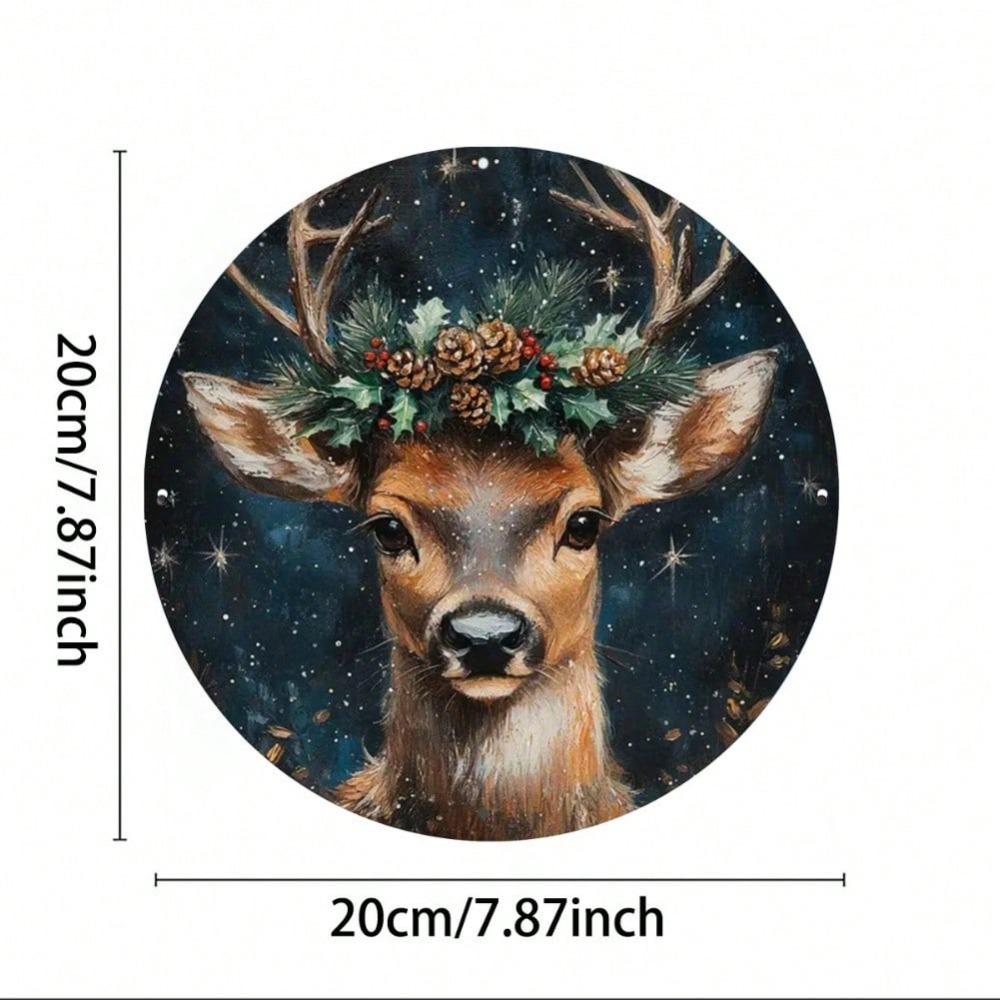 Vintage Reindeer Christmas Metal Wall Art 8x8 Inch Round Tin Sign For Bar Cafe Club Room Decor